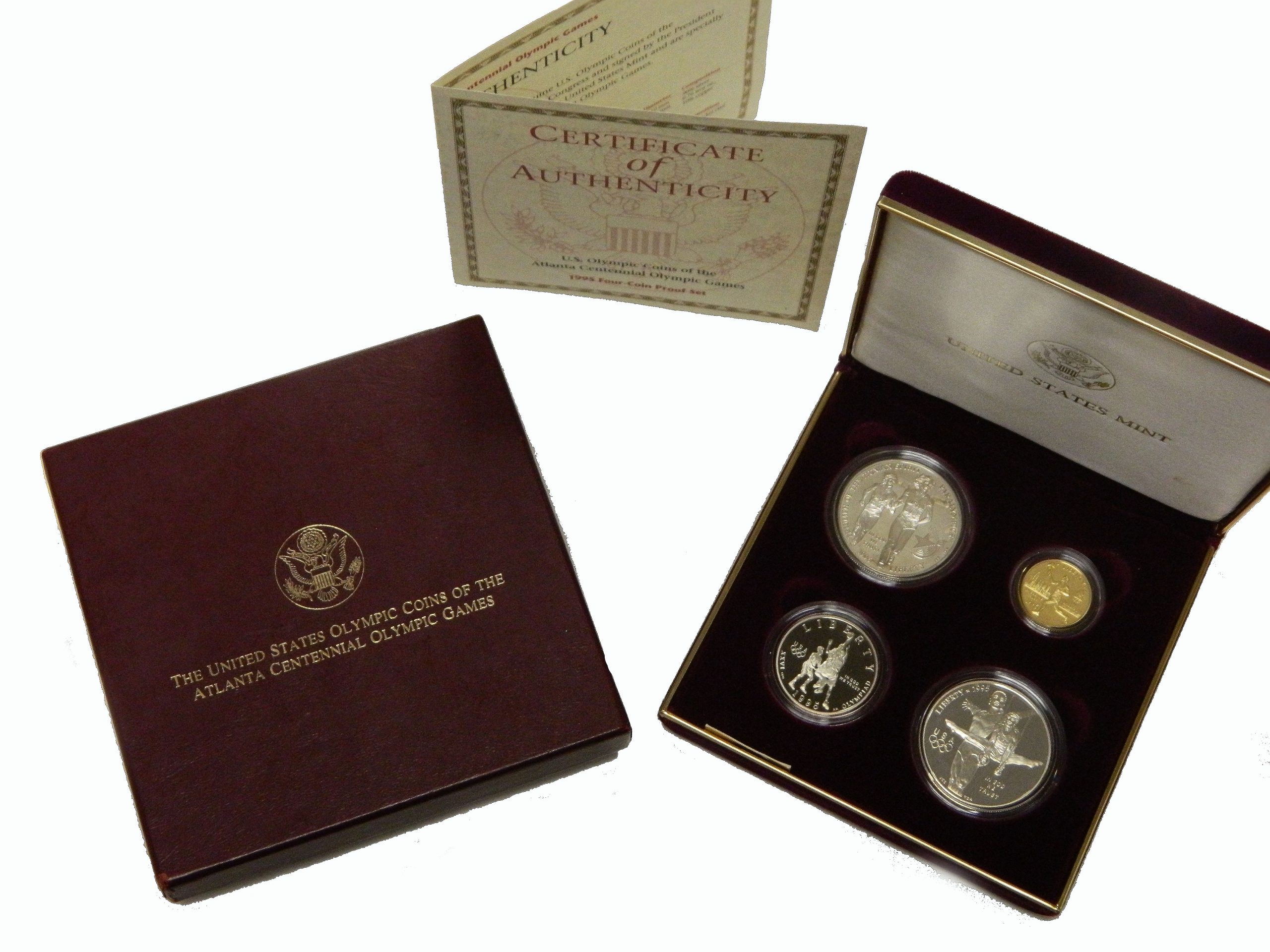 1995 Atlanta Centennial Olympic 4-Coin Proof Set, Torch Runner. Box and Coa!!